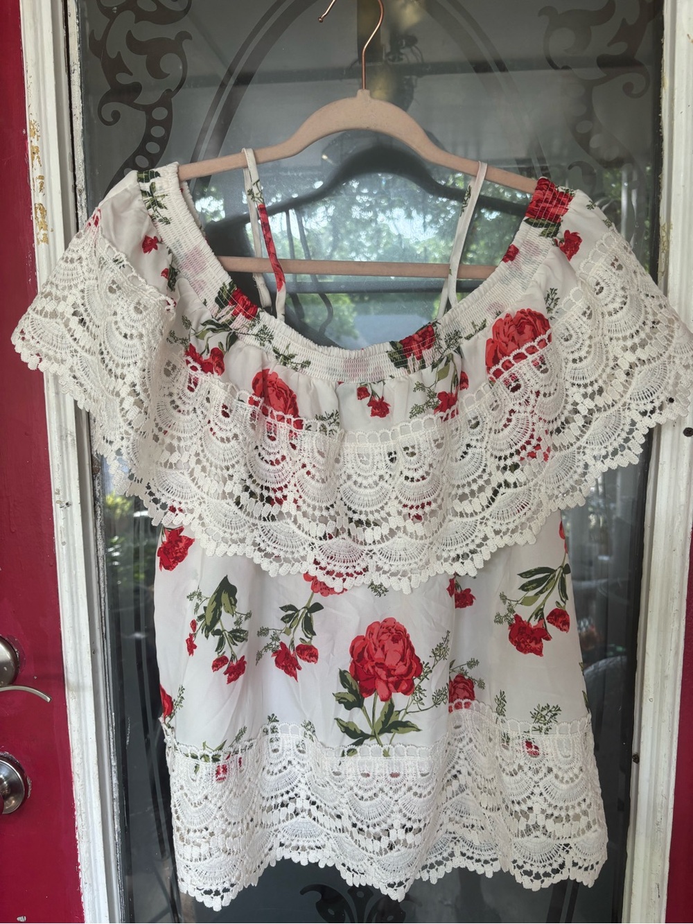 No Boundaries White Floral Off-Shoulder Camisole with Red Roses